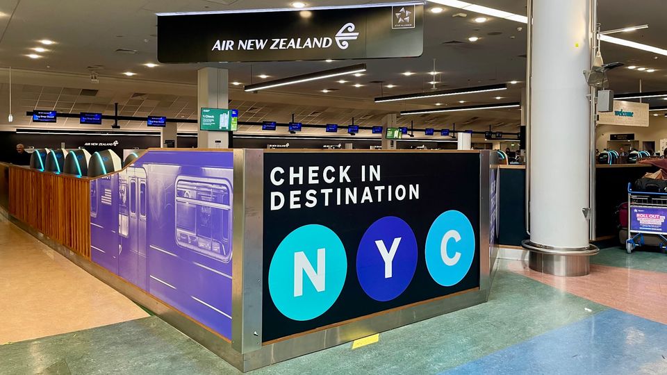 Air New Zealand's checkin counter at Auckland Airport ahead of the New York flight.