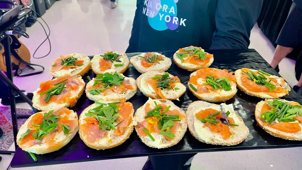 Smoked salmon bagels added a New York touch to the Auckland lounge.