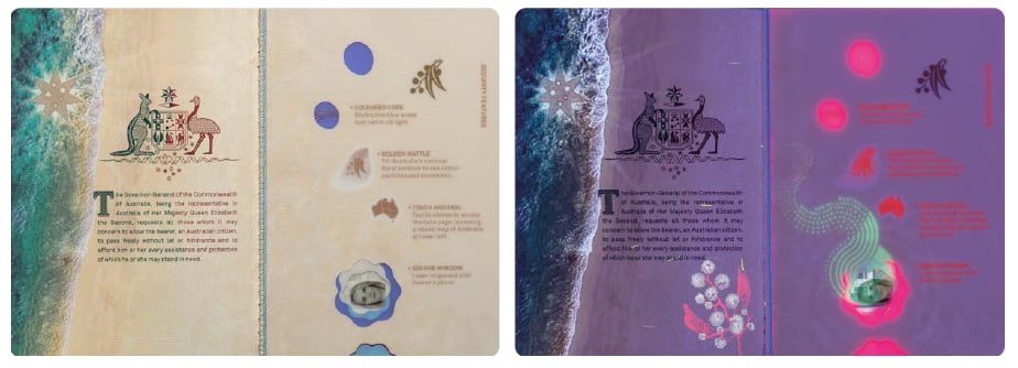 UV light reveals extra hidden details on the new R series passports.. Department of Foreign Affairs and Trade