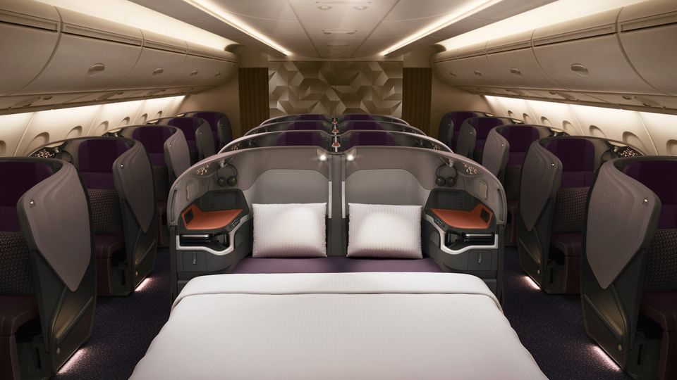 Three pairs of Singapore Airlines' A380 business class seats convert into a double bed, although in reality it's more like two single beds side-by-side.