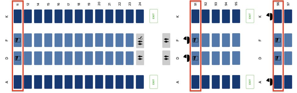 Here are the three extra-room rows in Singapore Airlines' A380 business class.