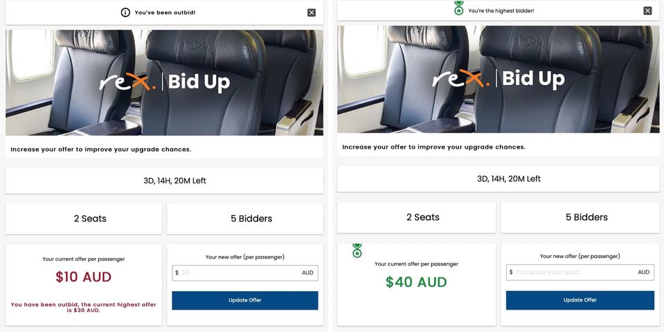 These mock-up screens from Rex show how the Bid Up process will look to travellers.