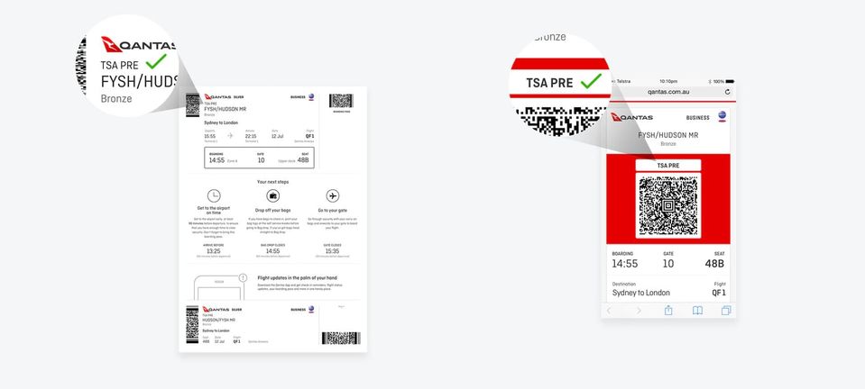 How TSA PreCheck approval is flagged on a Qantas boarding pass.