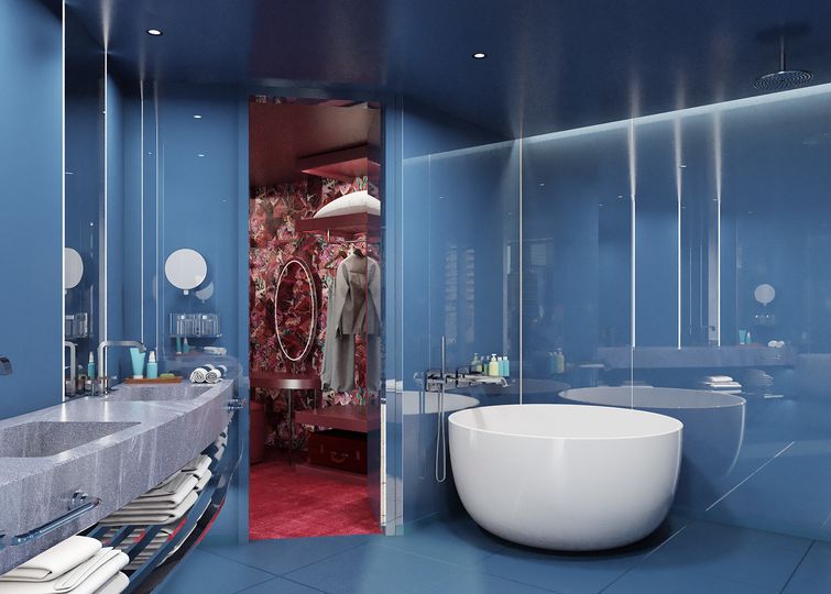 Liberal use of colour in the bathroom and walk-in robe contrasts the bright-white bedroom.