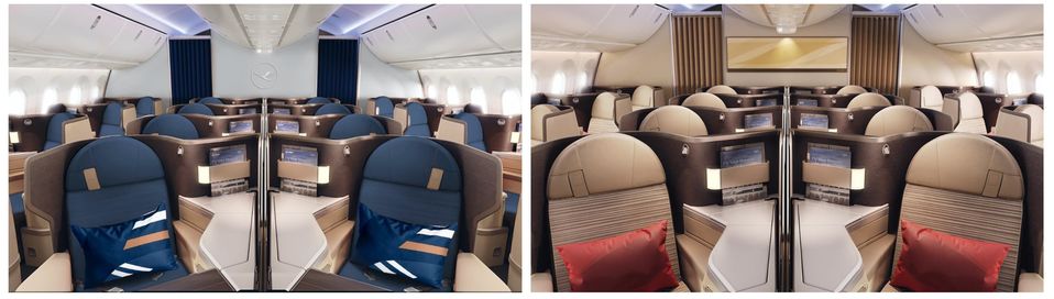 Spot the difference: the Boeing 787 business class of Lufthansa and Hainan Airways.