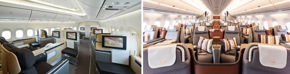 Lufthansa's current 747 first class (left) and business class (right).