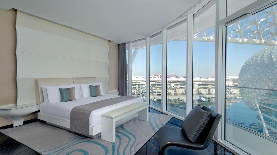 Rooms gaze out to Abu Dhabi city or the Yas Marina.