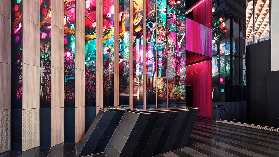 The W's vibrant lobby, or 'living room' as they call it.