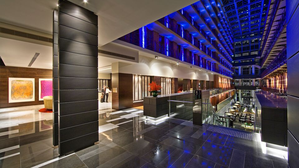 The ten-storey, glass-topped atrium is also home to signature restaurant Alluvial.