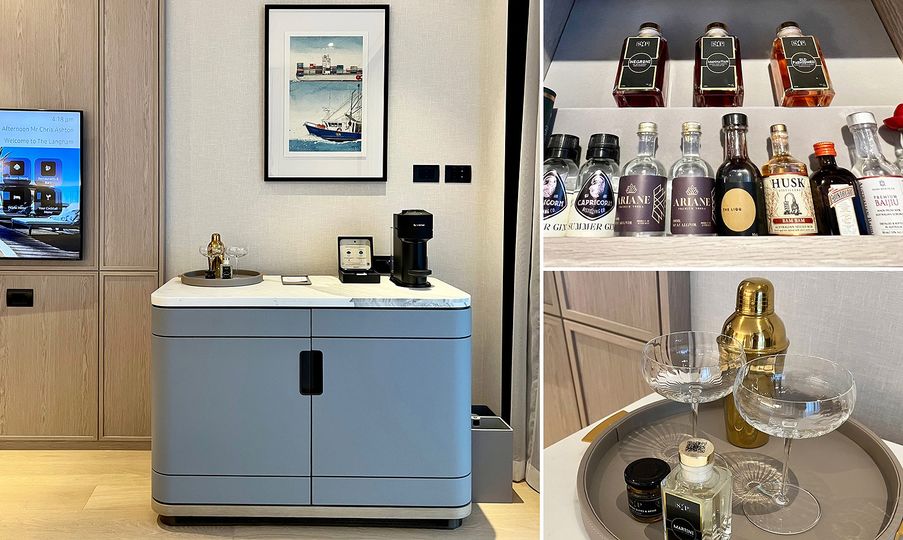 The minibar is cleverly hidden inside this swing-door cabinet.