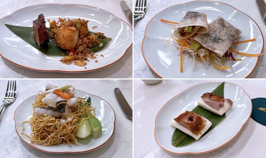  Canadian scallops, duck skin pancakes, duck breast bao, and steamed coral trout with 'superior soya sauce'.