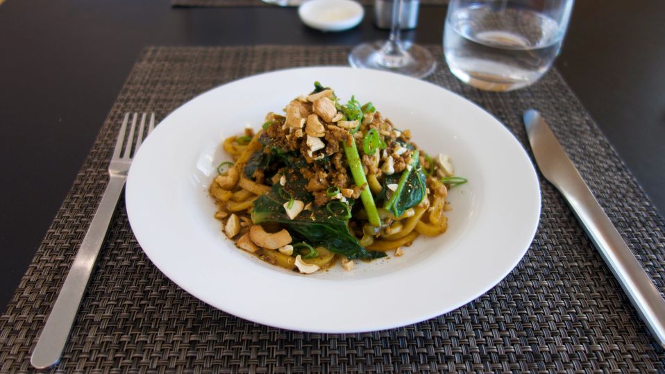 New to the Qantas First Lounge summer menu: Dan Dan noodles with spicy pork, cashews and shallots.