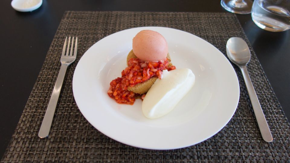 New to the Qantas First Lounge summer menu: brown sugar sponge with strawberry sorbet and vanilla cream.