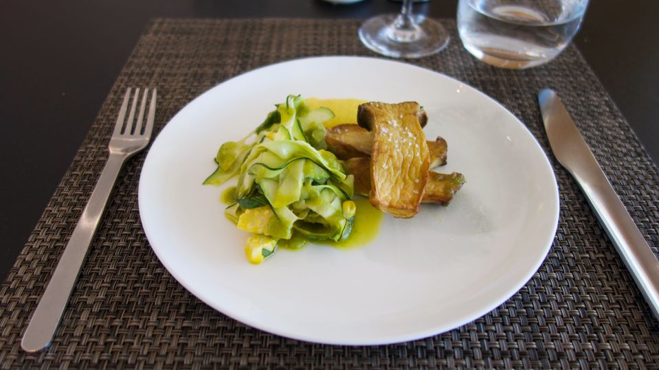 New to the Qantas First Lounge summer menu: grilled king brown mushrooms with zucchinis, corn and tarragon dressing.