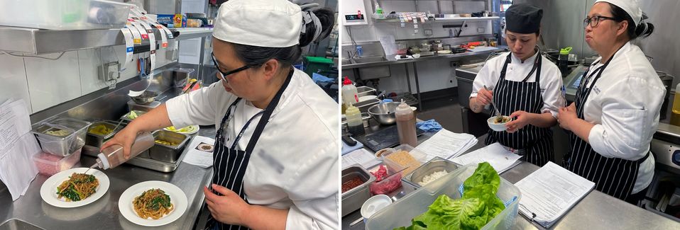 Qantas First Lounge chefs Vee and Esha taste-testing chilli oils for the Dan Dan noodles.