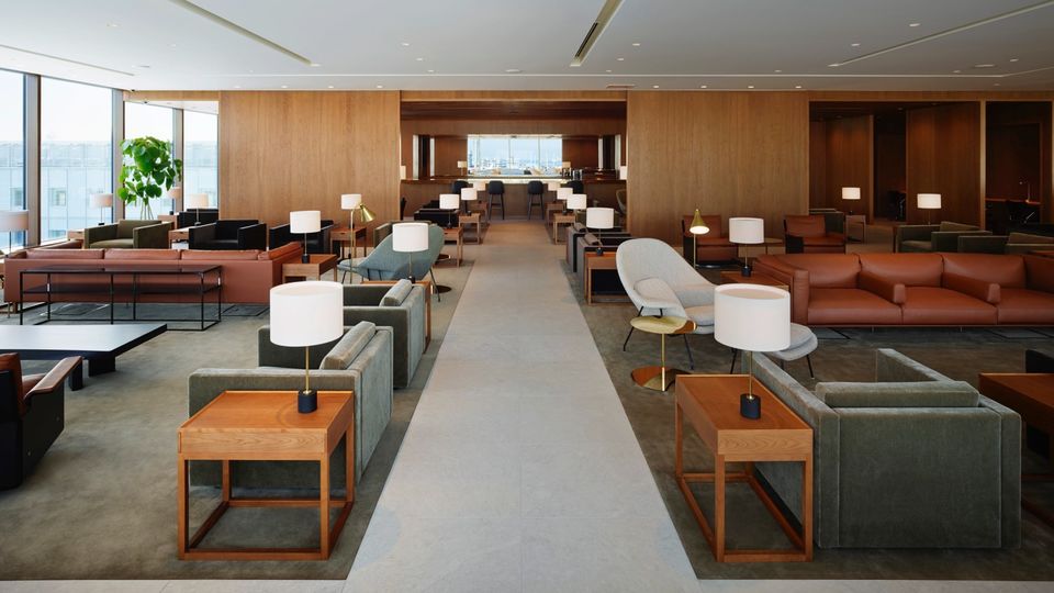 Cathay Pacific's elegant business class lounge at Tokyo Haneda.