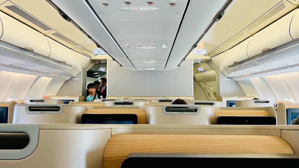 The business class cabin is light and bright.