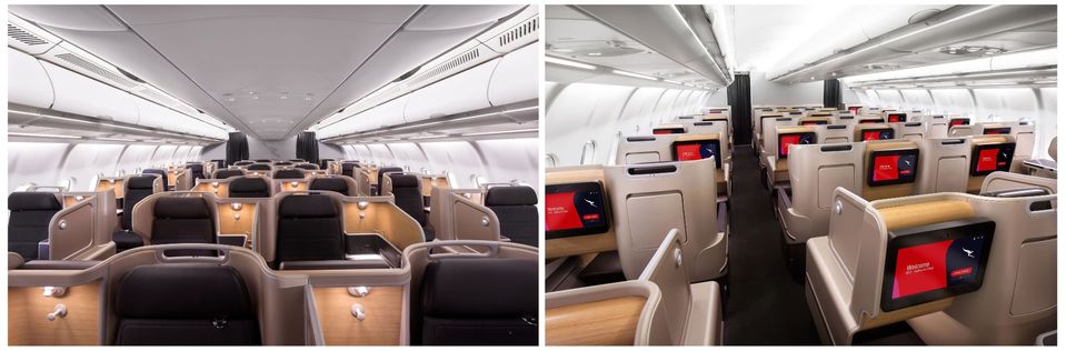 The business class cabin of the Qantas A330.