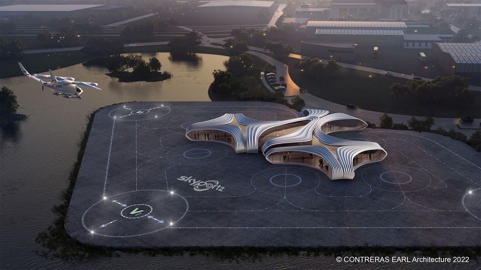 Skyportz's Caribbean Park vertiport concept, designed by Contreras Earl Architecture.
