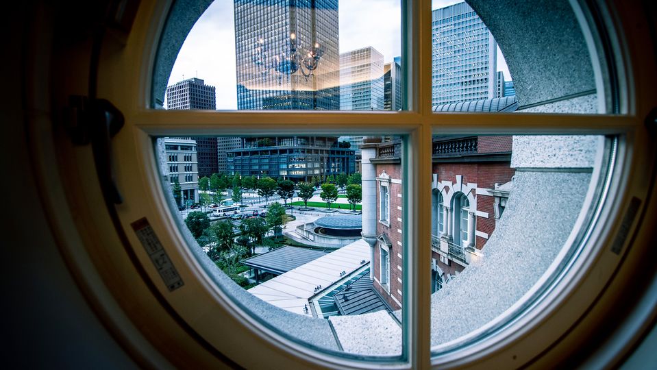 Gazing through one of the hotel's iconic porthole windows.
