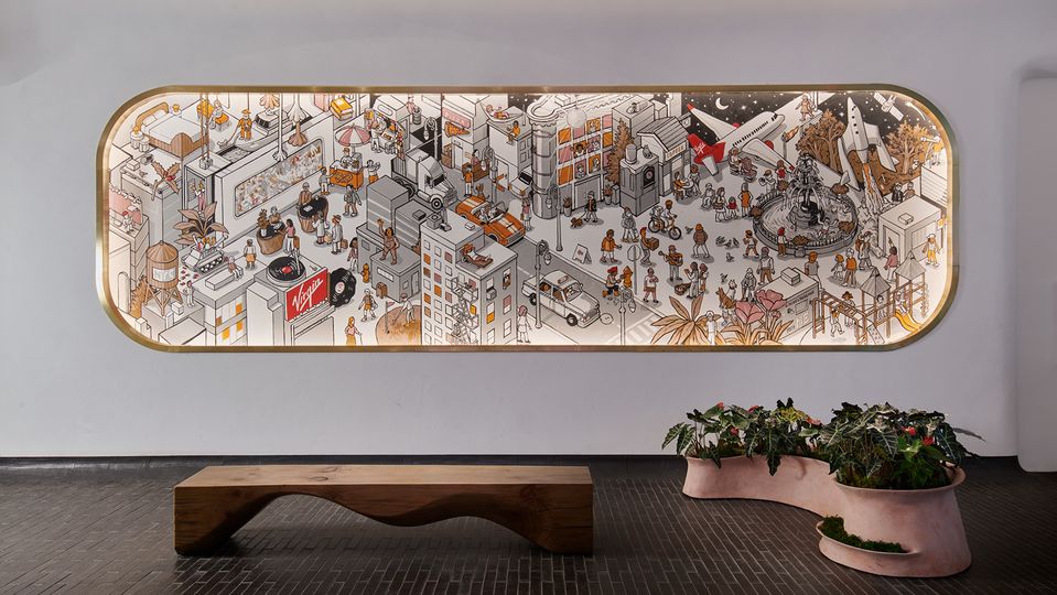 Inspired by Where's Wally, the lobby has a "Where's Richard?" mural by Nigel Sussman.