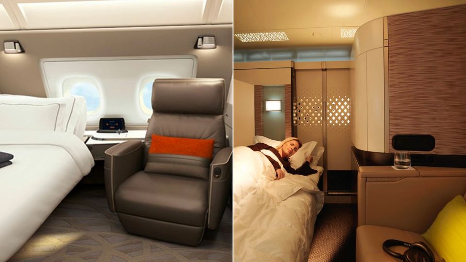 The A380 first class suites of Singapore Airlines (left) and Etihad Airways (right).
