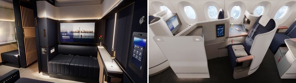Lufthansa's new 747 first class (left) and business class (right).
