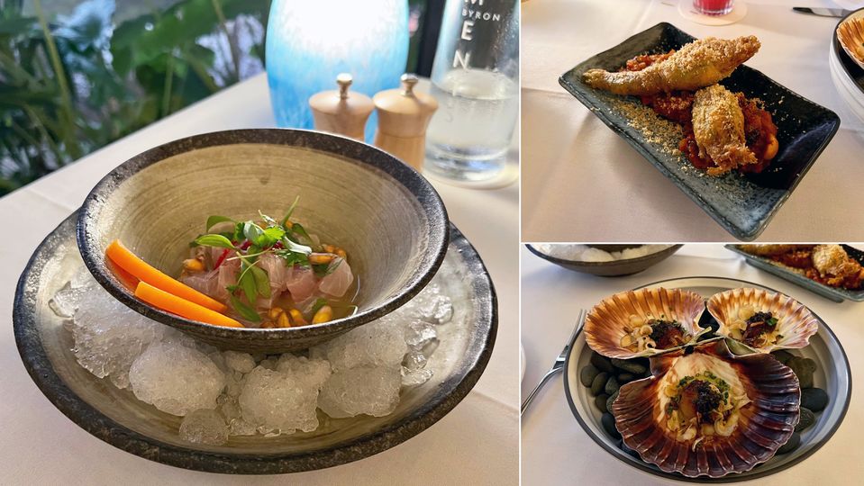 The ceviche is served atop a bed of dry ice for theatricality.