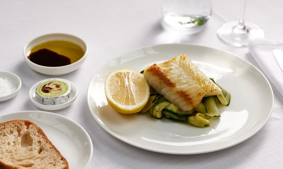 First class: Seared toothfish served on zucchini ribbon.