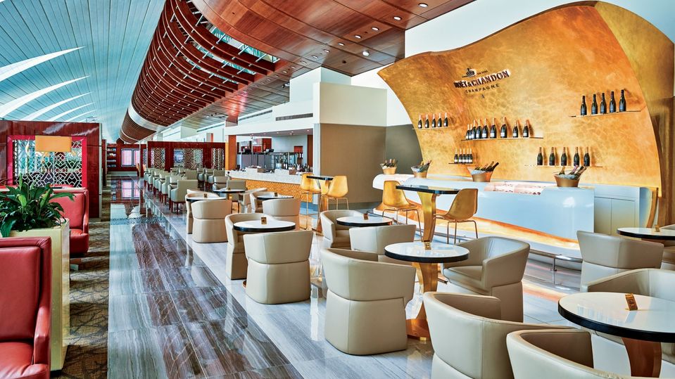Emirates' Dubai business class lounge features a unique Champagne Lounge.
