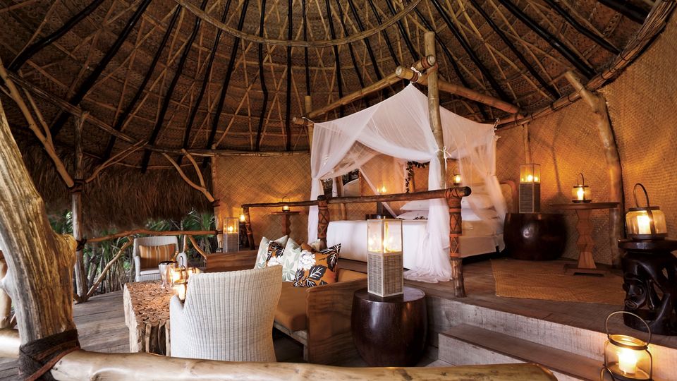The hilltop sleep out bure is filled with traditional Fijian design elements.