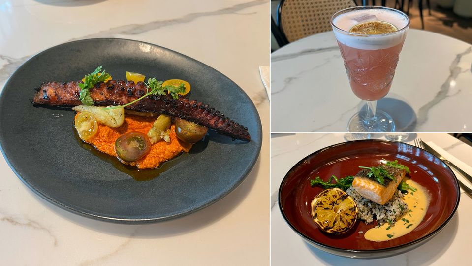 Chargrilled octopus, a Pisco sour and a delicious seared salmon.