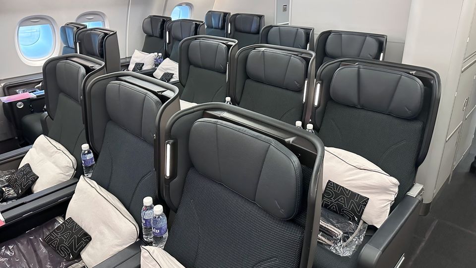 Qantas A380 premium economy: the rear rows in the offset cabin layout.