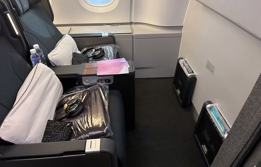 Qantas A380 premium economy legroom in the first row.