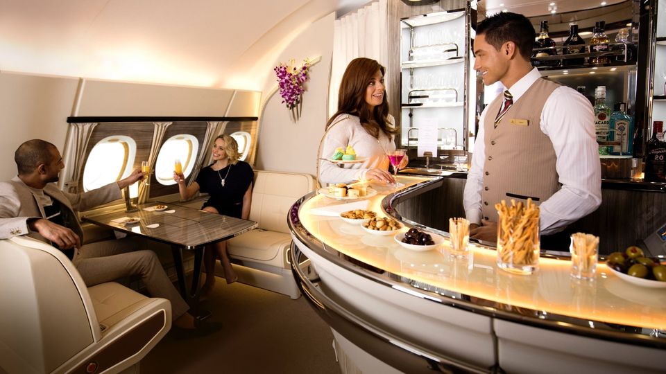Emirates' Airbus A380 cocktail bar is perfecting for whiling away the hours.