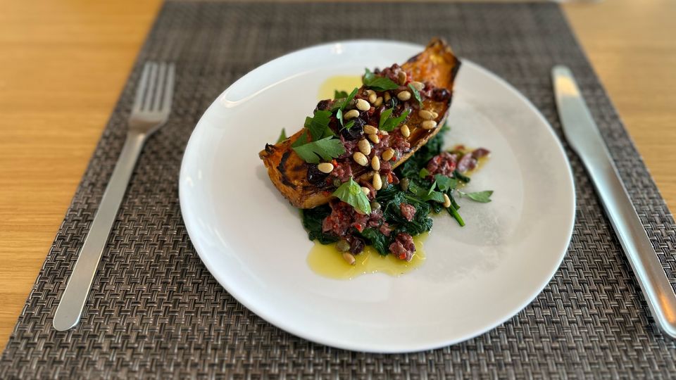 Qantas First Lounge Winter 2023 menu: roasted sweet potato.