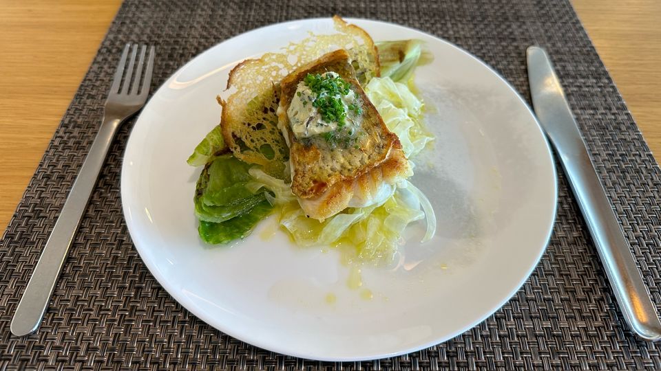 Qantas First Lounge Winter 2023 menu: grilled snapper.