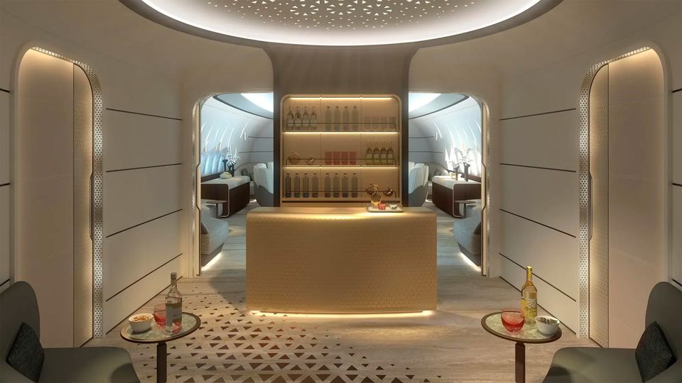 The bar area is designed to be the social hub of the aircraft.