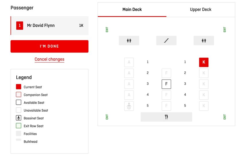 The A380's first class cabin shows up on the business class seat map – and yes, I couldn't resist 1A.