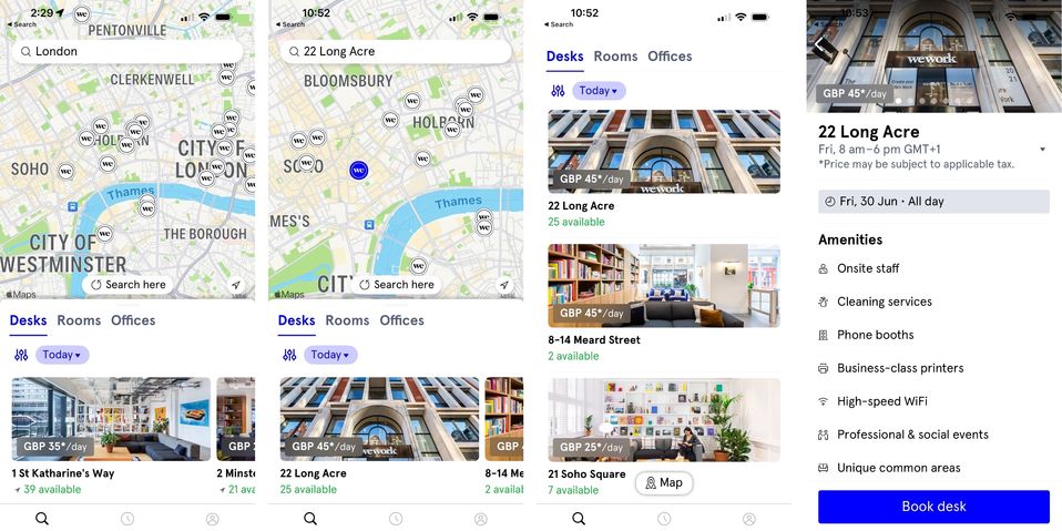 Using the WeWork app to find your office for the day.