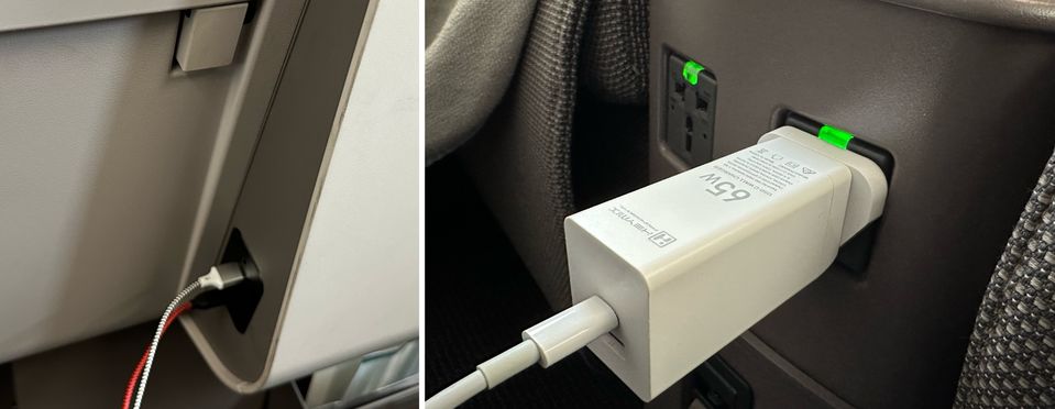 Suficiente energía: puertos USB-A, USB-C y AC para cada pasajero de clase ejecutiva en el A321neo de Cathay Pacific.