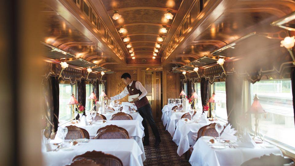 Onboard are two restaurants, a piano bar car and open-air observation car.
