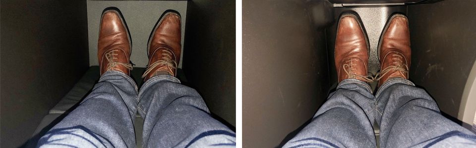 Turkish Airlines business class foot nooks: 1A and 1K (left) vs all other seats (right).