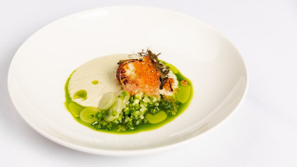 Karen Martini's ajo blanco with a burnt butter scallop, lime pearls and cucumber pickle.