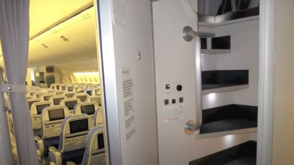 The staircase to a Cathay Pacific Boeing 777's crew rest zone.