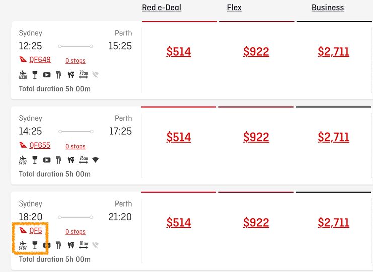 QF5 lets you enjoy the Qantas Boeing 787 from Sydney to Perth.