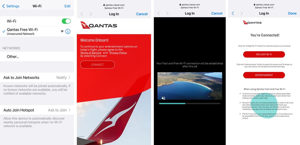 Getting online with Qantas' 'international' WiFi service.