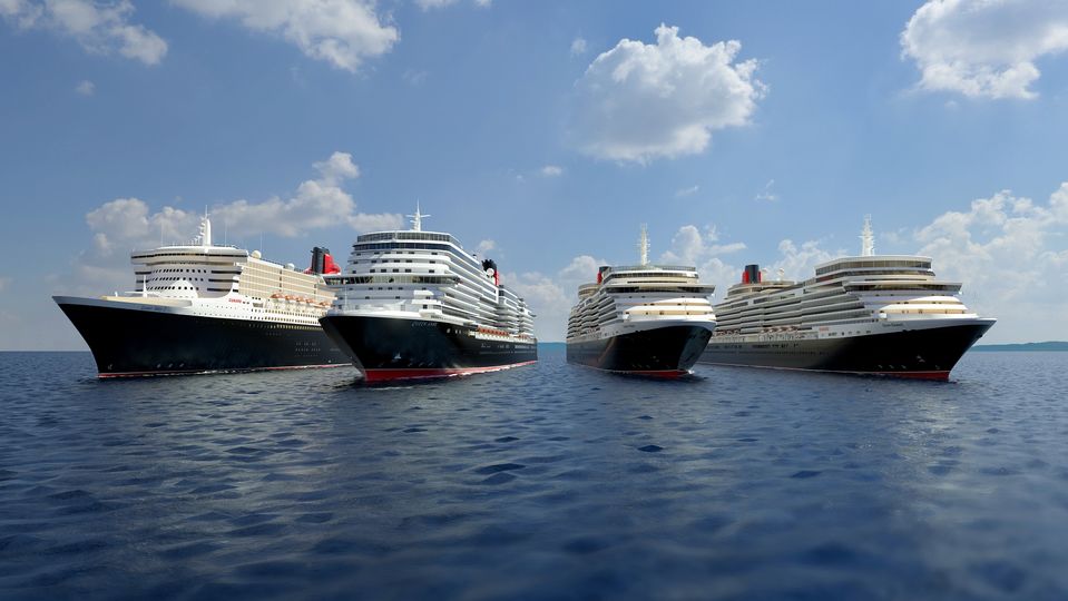 A render of all four Cunard Queens.