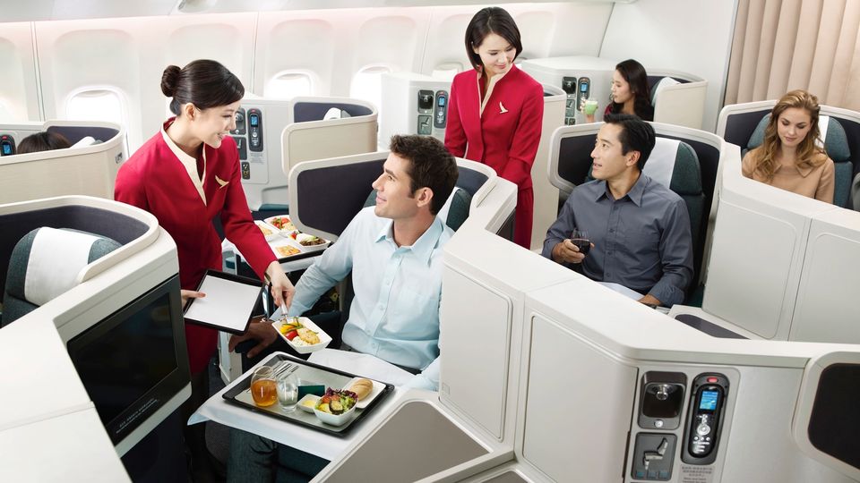 Most Cathay A330s include contemporary business class in a 1-2-1 layout.