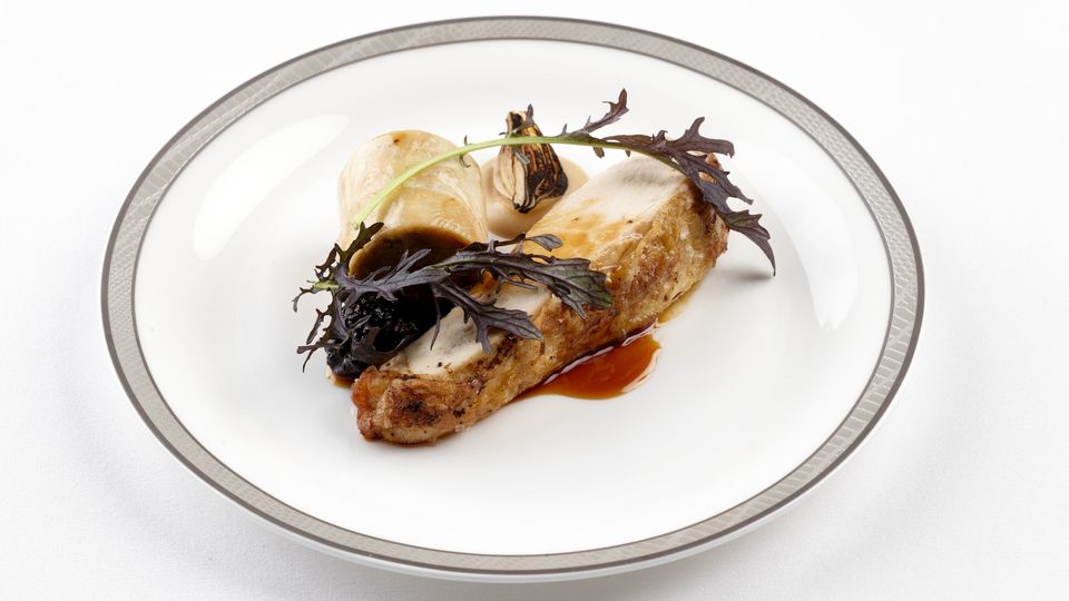 Corn-fed chicken breast with celeriac, prune, burnt onion.. Steven Woodburn
